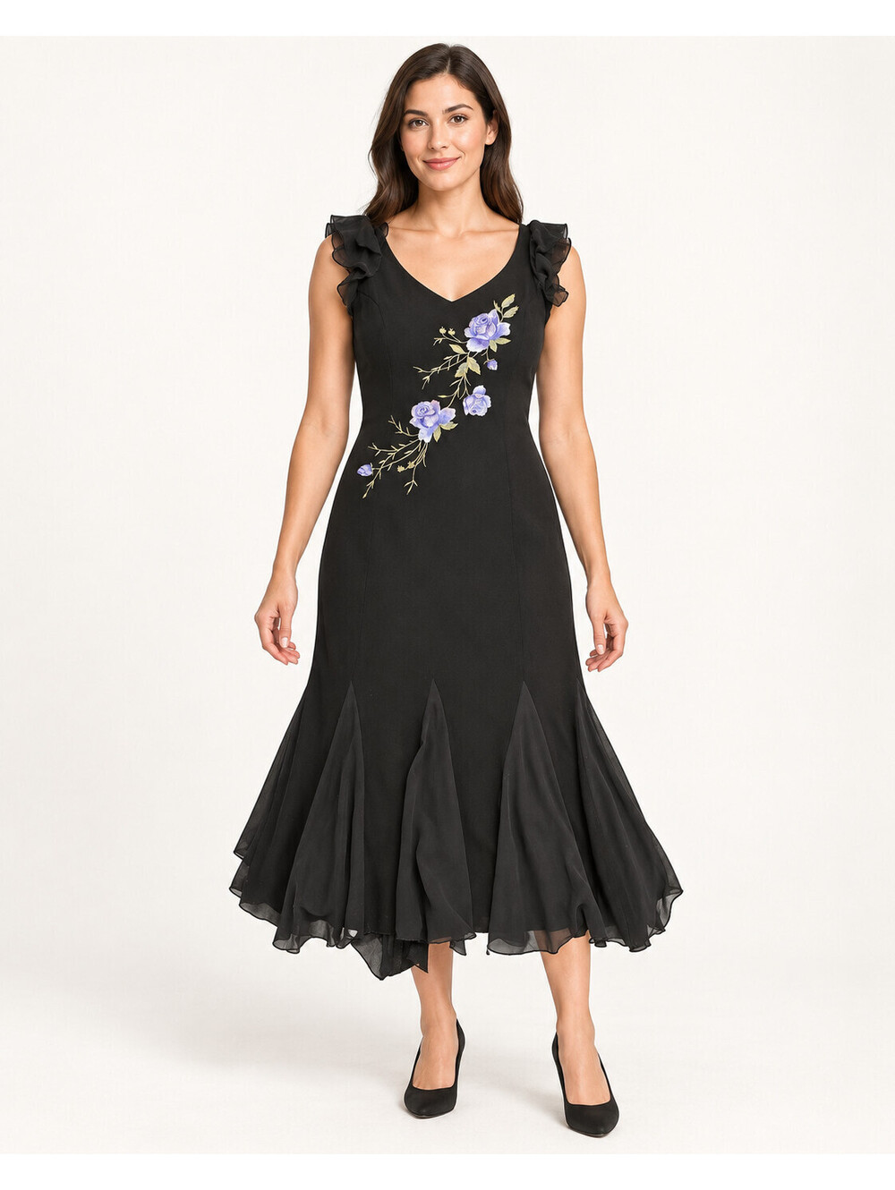 SL Fashions 8 Black Purple Rose Embroidered Godet Midi Dress Y2K Whimsigoth USA